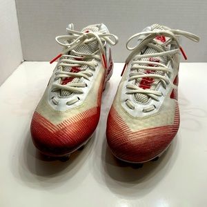 Size 13 red and white adidas cleats with plastic spikes